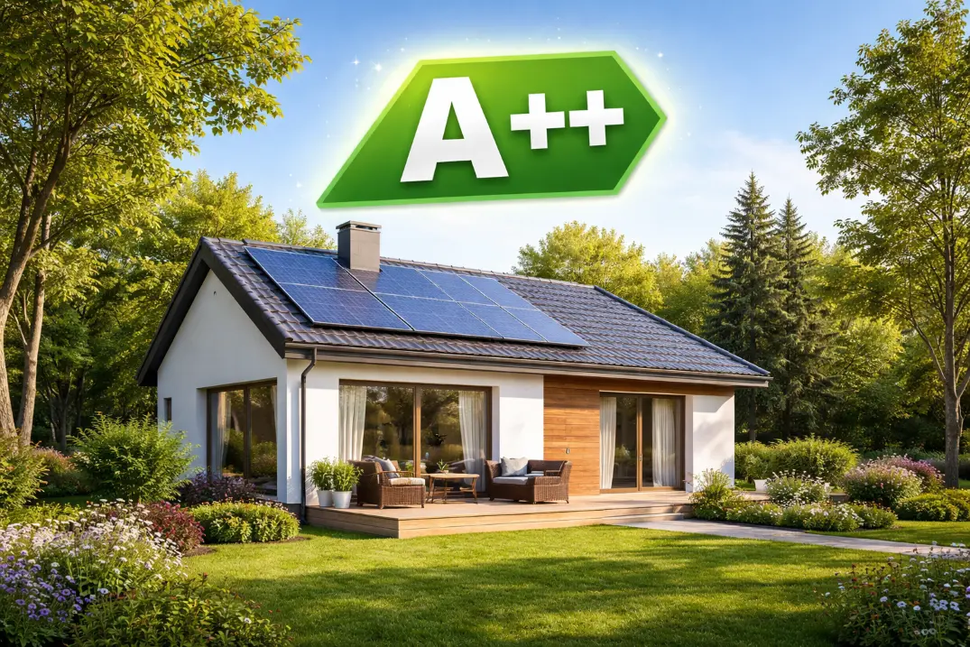A++ energinio naudingumo klasės namas su saulės elektrinėmis ant stogo